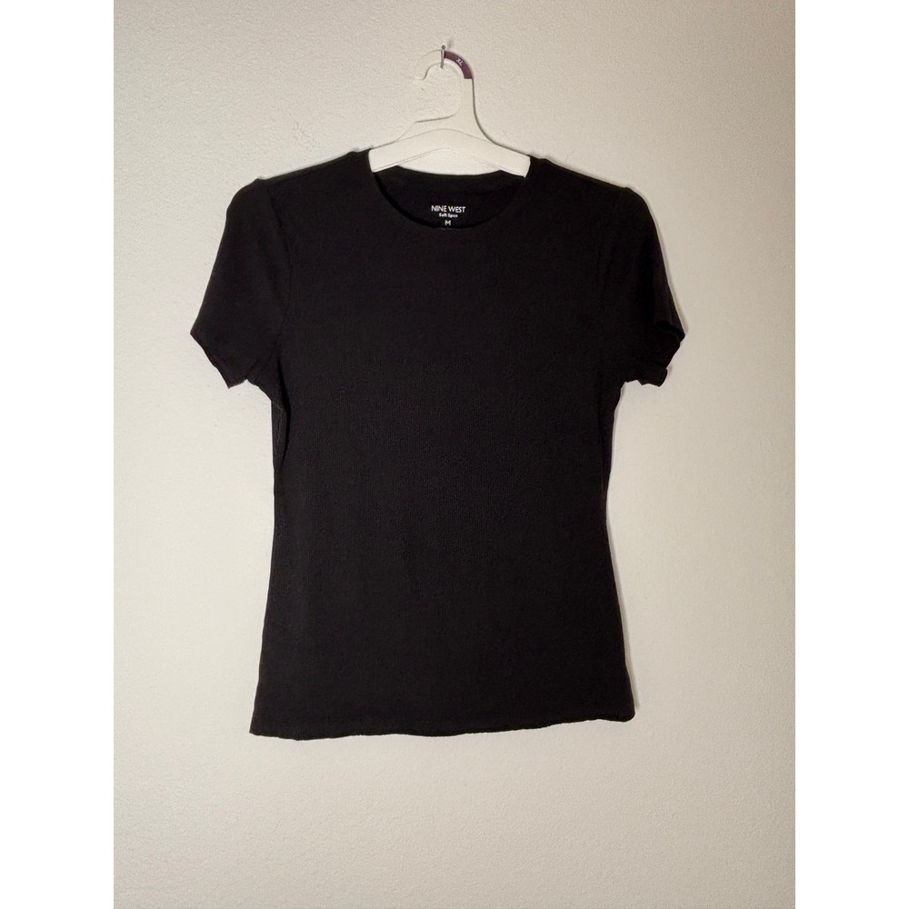 Nine‎ West Soft Spun Black Ribbed Short Sleeve Crew Neck T-Shirt Womens Size M